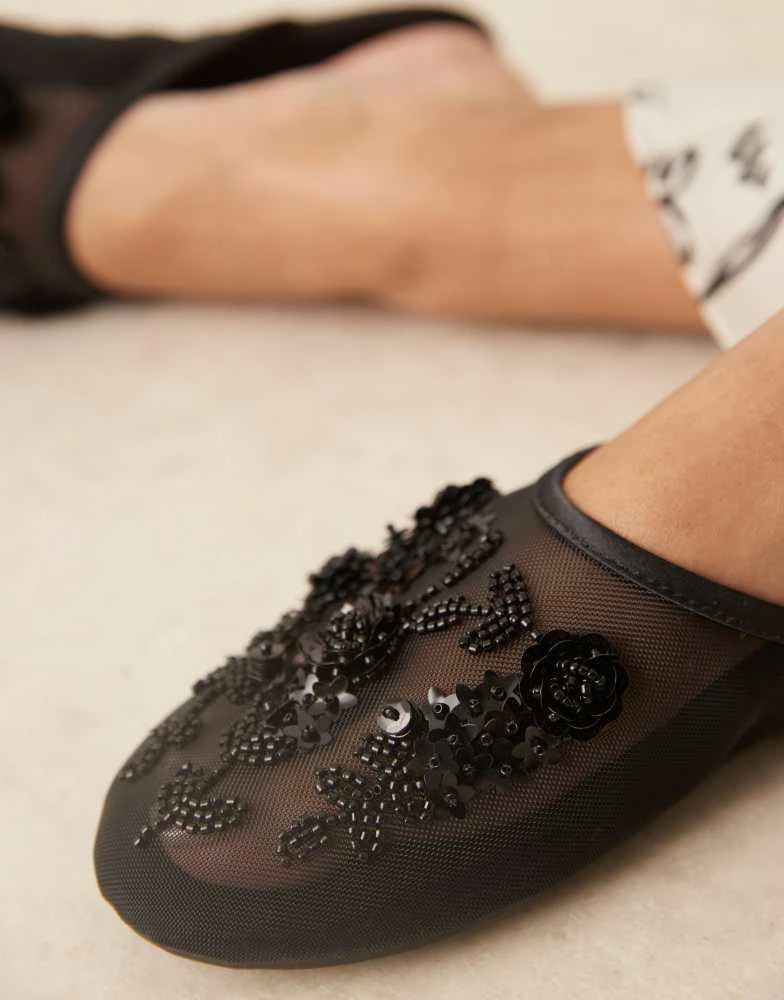 ASOS DESIGN Lilyana embellished mule ballet in black mesh – On