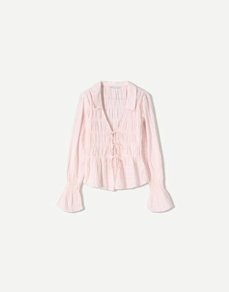 Bershka Bershka rustic gathered shirt in pink 2