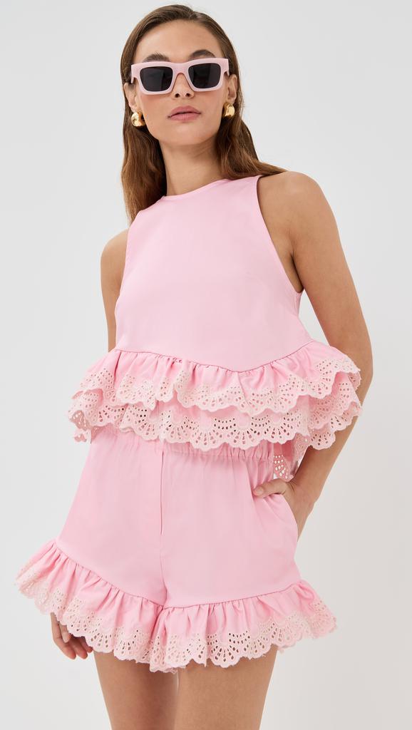 Kika Vargas Li Top Pale Pink Cotton + White Embroidery