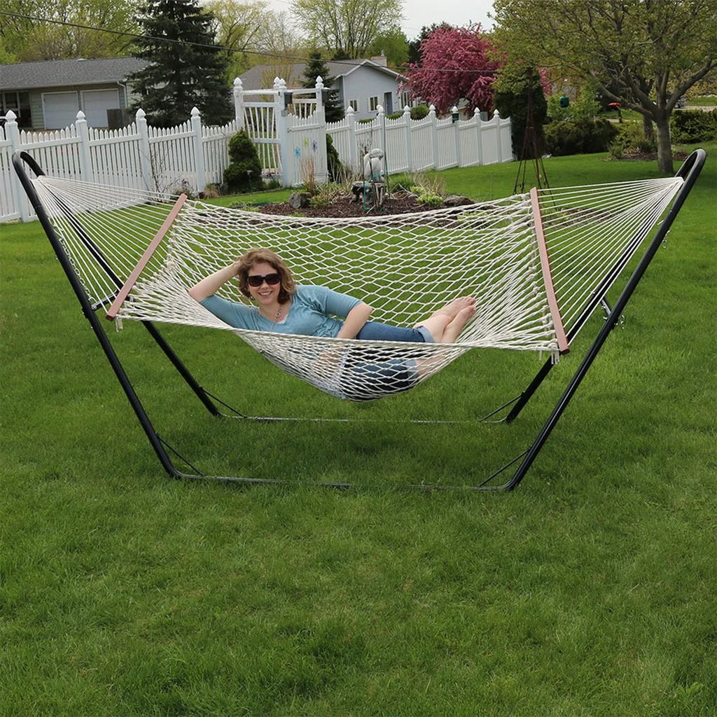 Sunnydaze Cotton Double Wide 2-Person Rope Hammock with Spreader Bars and Multi-Use Steel Stand - 450 lb Weight Capacity - White 5