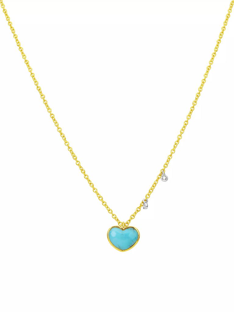 Meira T 14K Yellow Gold, .04 TCW Diamond & Turquoise Heart Necklace