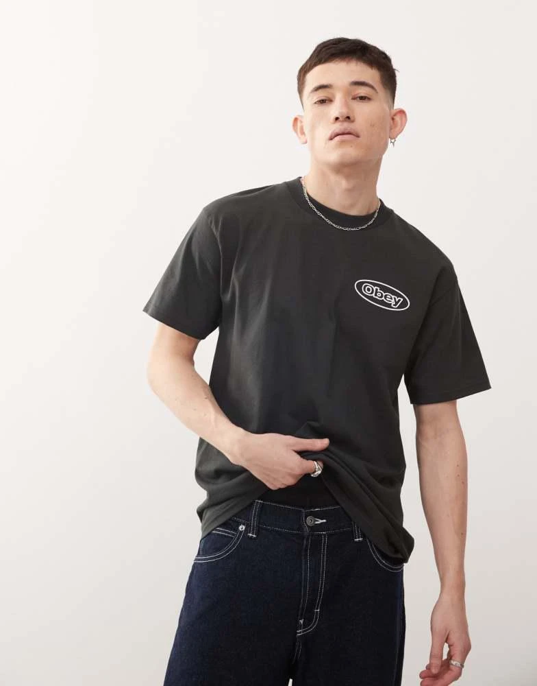 Obey Obey obey reaction graphic logo t-shirt with back print in vintage black 1