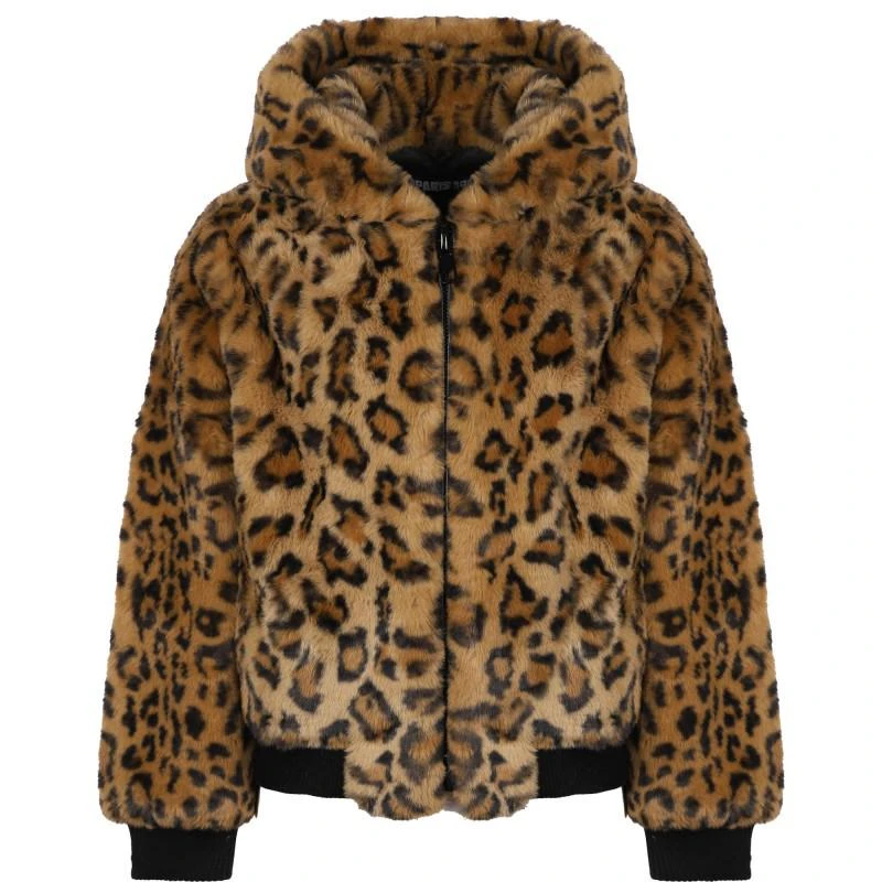 Apparis Animal print faux fur hooded jacket with side pockets bucket hat and half finger gloves set in brown and black 2