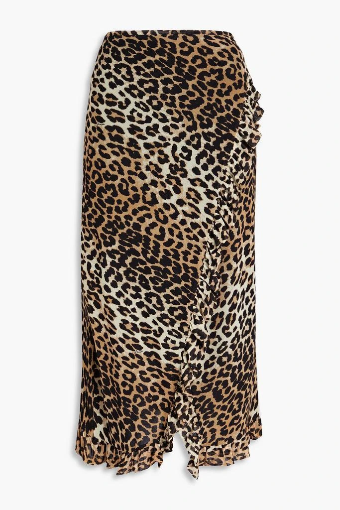 Ganni Ruffled leopard-print stretch-mesh midi wrap skirt 1