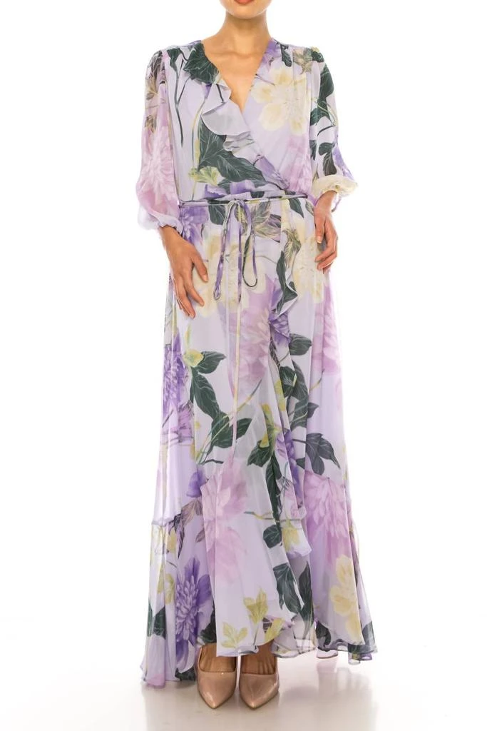 Maison Tara Floral Maxi Three Fourth Sleeve High Low Dress In Lavender Multi 1