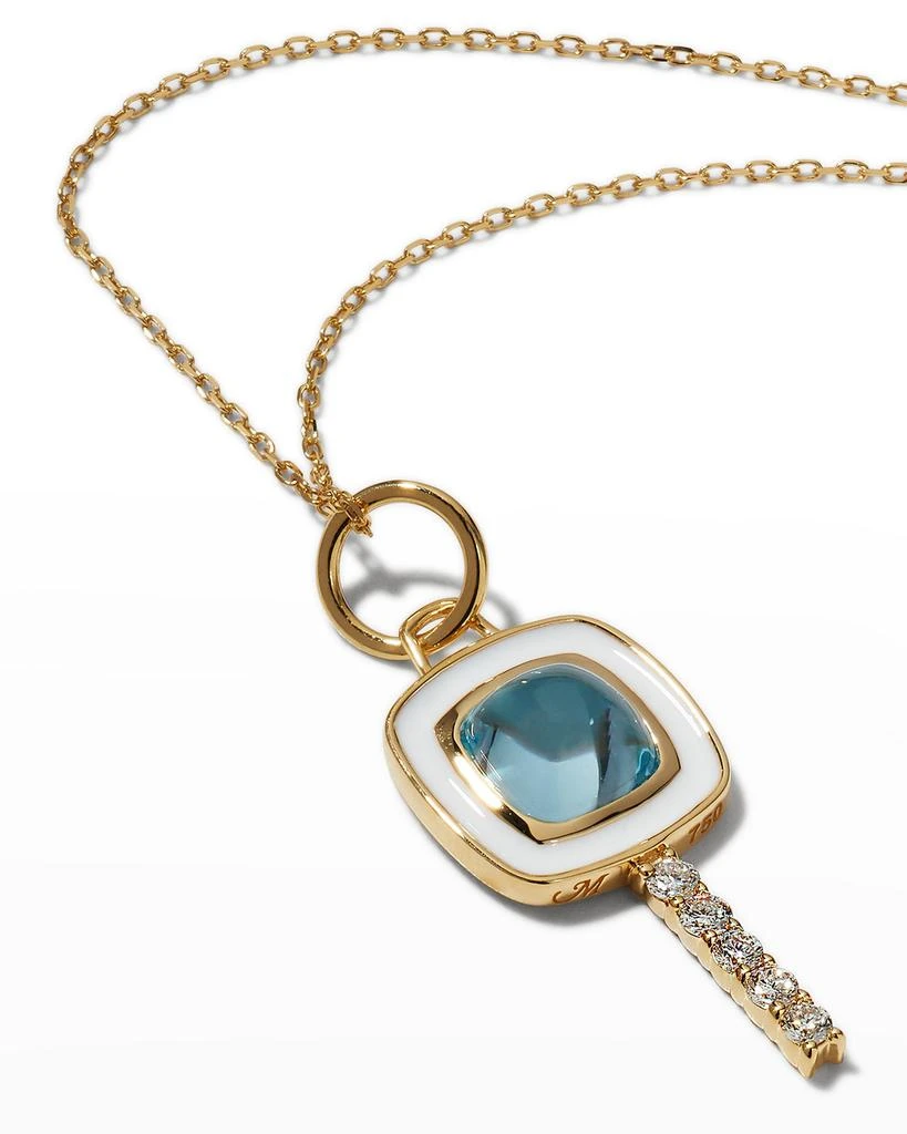 Monica Rich Kosann 18K Yellow Gold Mini Cushion Key Necklace with White Enamel, Blue Topaz, and Diamonds 3