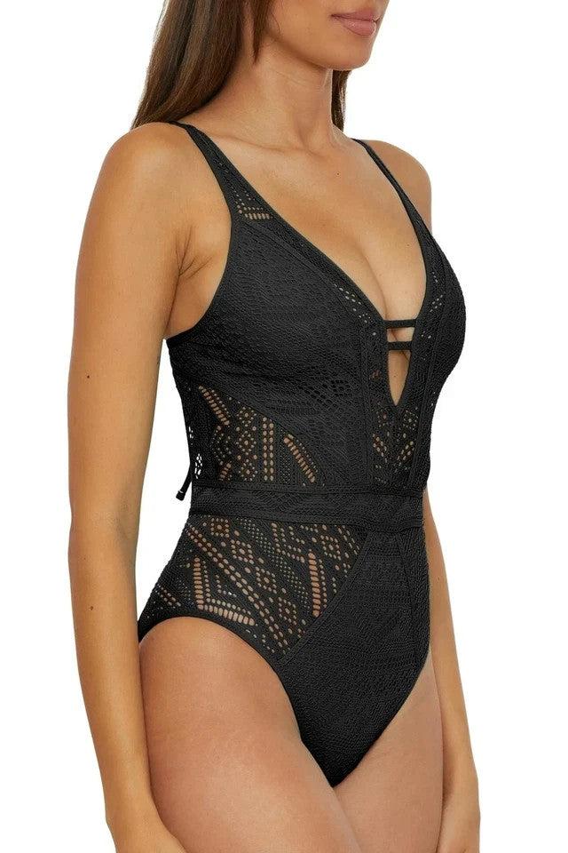 Becca Color Play Swimsuits Women's  Black Crochet Plunge One Piece RED301