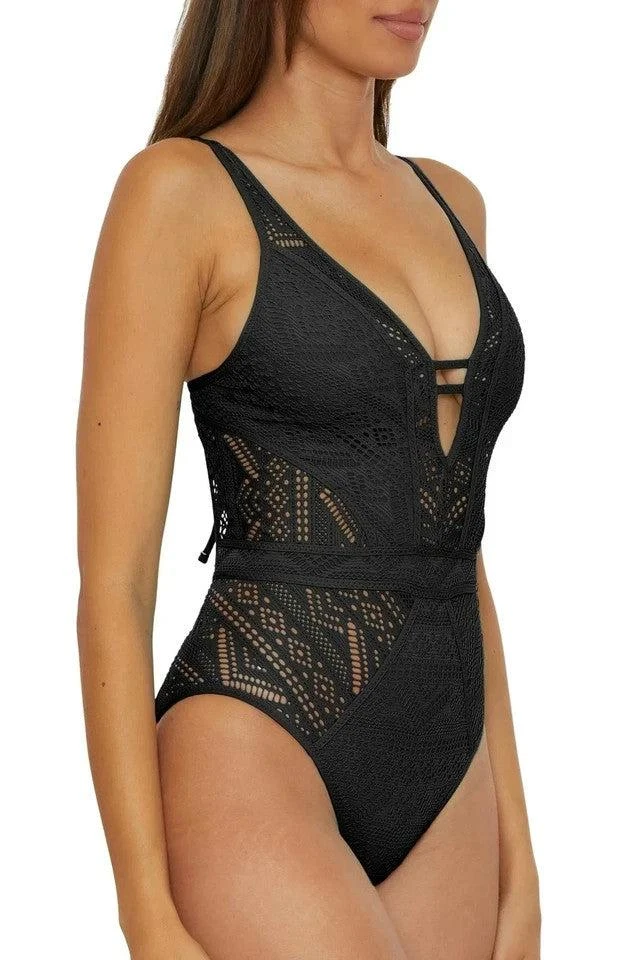 Becca Color Play Swimsuits Women's  Black Crochet Plunge One Piece RED301 2