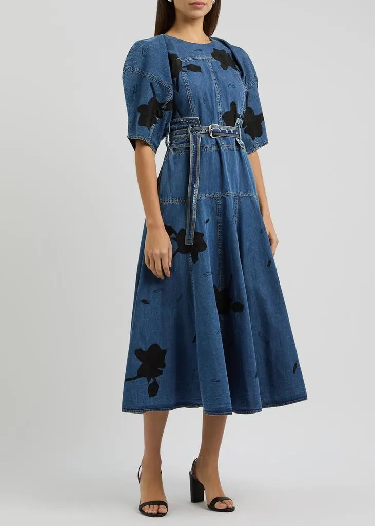LOVEBIRDS Floral-appliqued belted denim midi dress 2