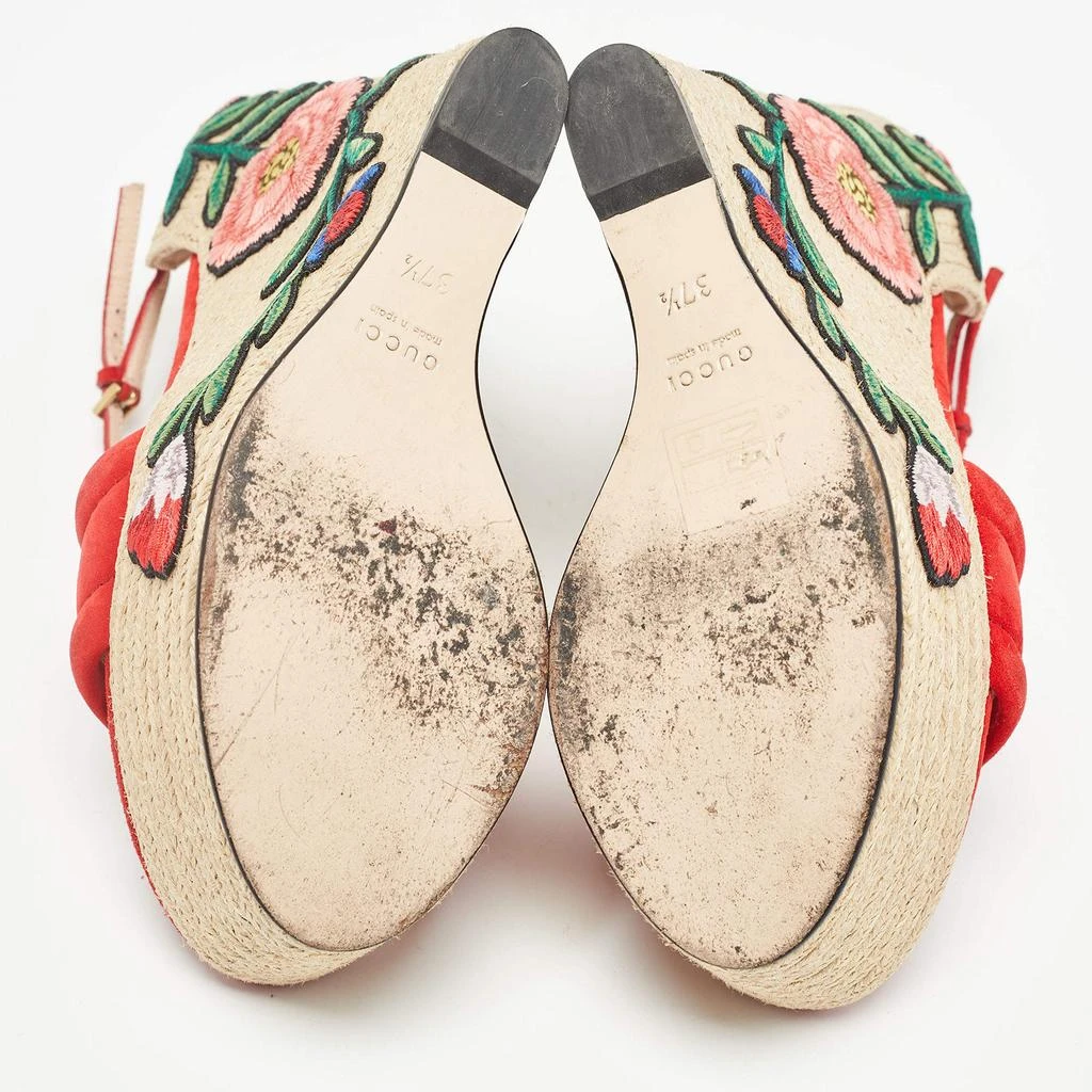 Gucci Gucci Red/Beige Suede Floral Embroidered Espadrille Wedge Platform Ankle Strap Sandals Size 37.5 6