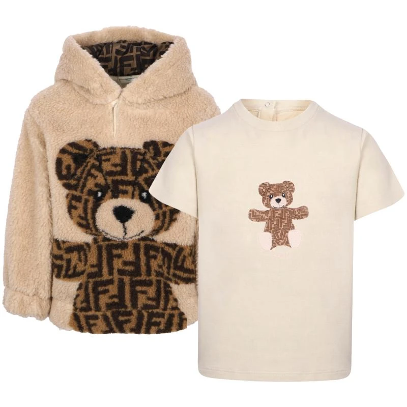 Fendi Kids Fendi bear babies beige wool sweatshirt and t shirt set 1