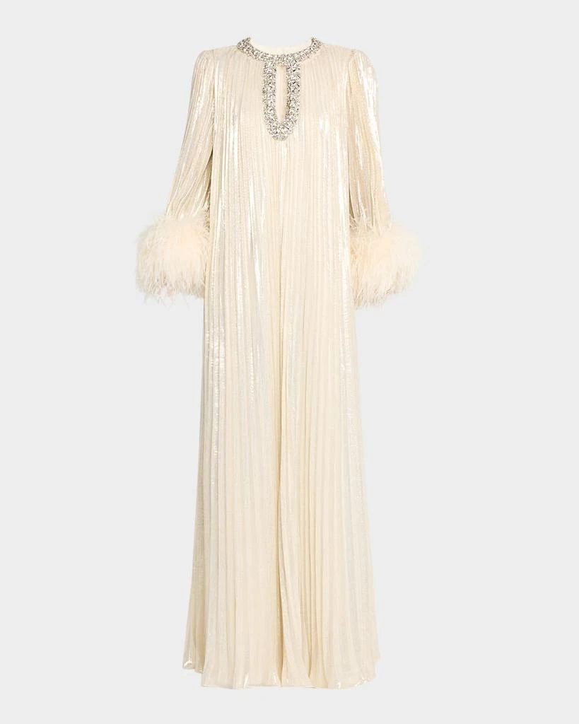 Self Portrait Pleated Metallic Feather-Cuff Maxi Dress 1