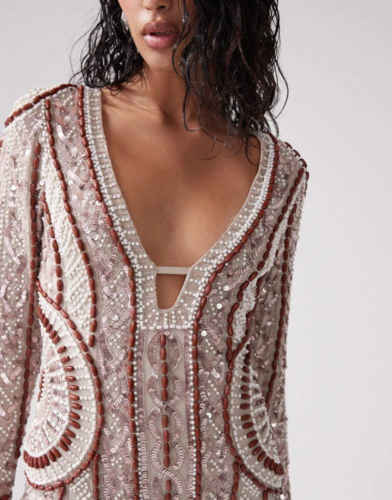 ASOS ASOS DESIGN embellished long sleeve mini dress with wooden bead detail in stone 4