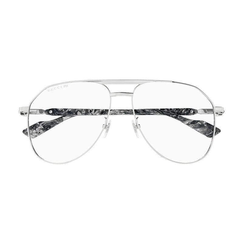 Gucci Gucci Aviator Full Rim, with a Silver frame and Transparent To Blue Photochromic lens.