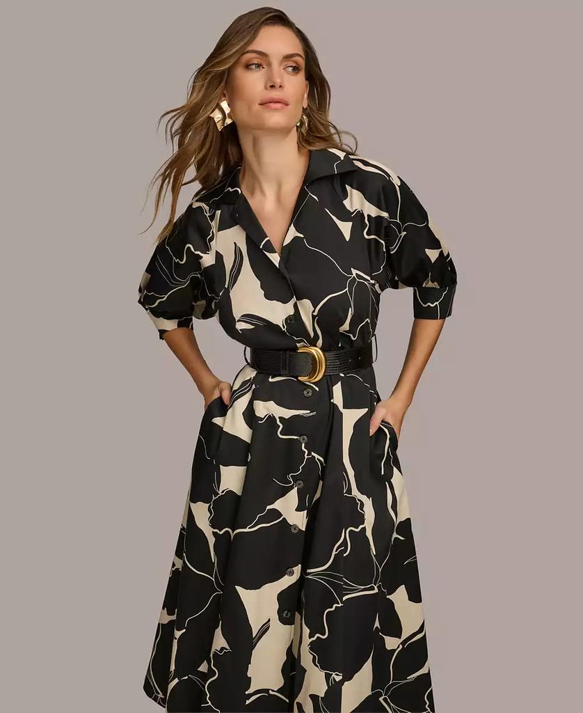 ◆Donna Karan プリントフェイクレザーベルトミディシャツドレス Donna Karan Women's Printed Faux-Leather Belt Midi