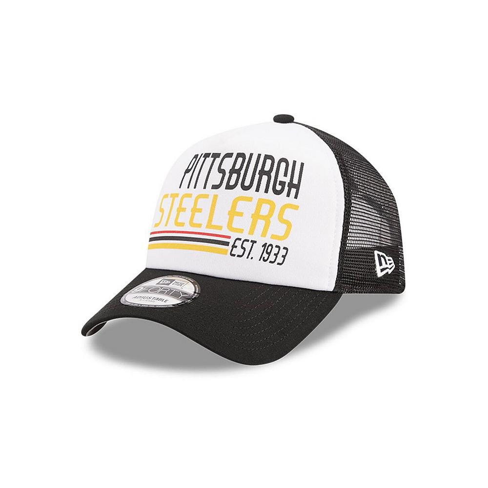 New Era Men's White/Black Pittsburgh Steelers Stacked A-Frame Trucker 9FORTY Adjustable Hat
