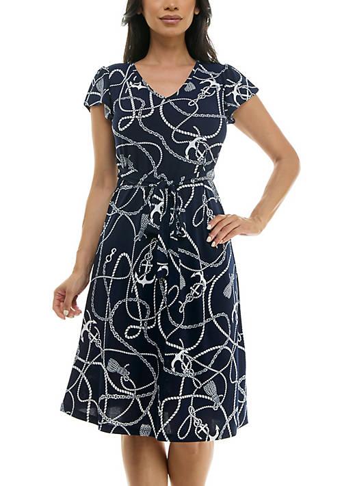 Nina Leonard Leonard Sylvia Midi Dress With Self Sash NAVY WHITE S Dresses Skirts BeyondStyle