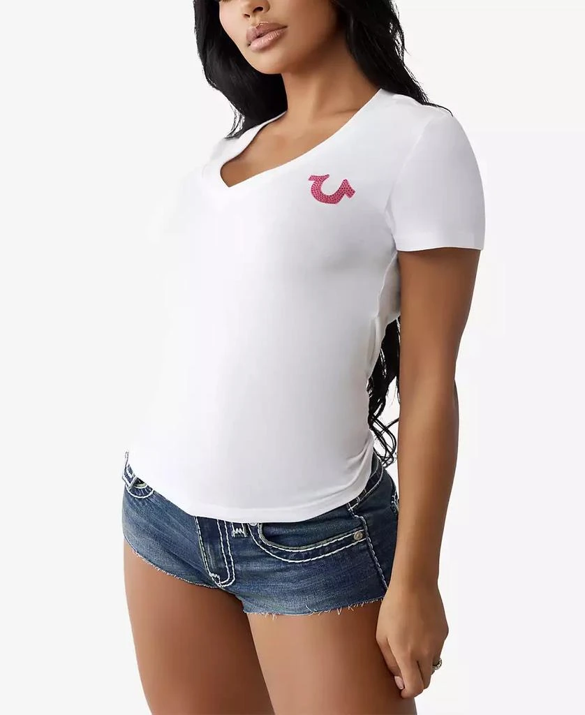 True Religion Women's SS Crystal Logo V Neck T-Shirt 3