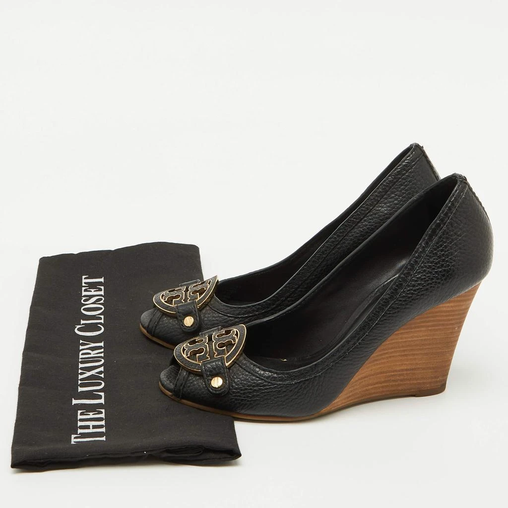 Tory Burch Tory Burch Black Leather Logo Peep Toe Wedge Pumps Size 38 9