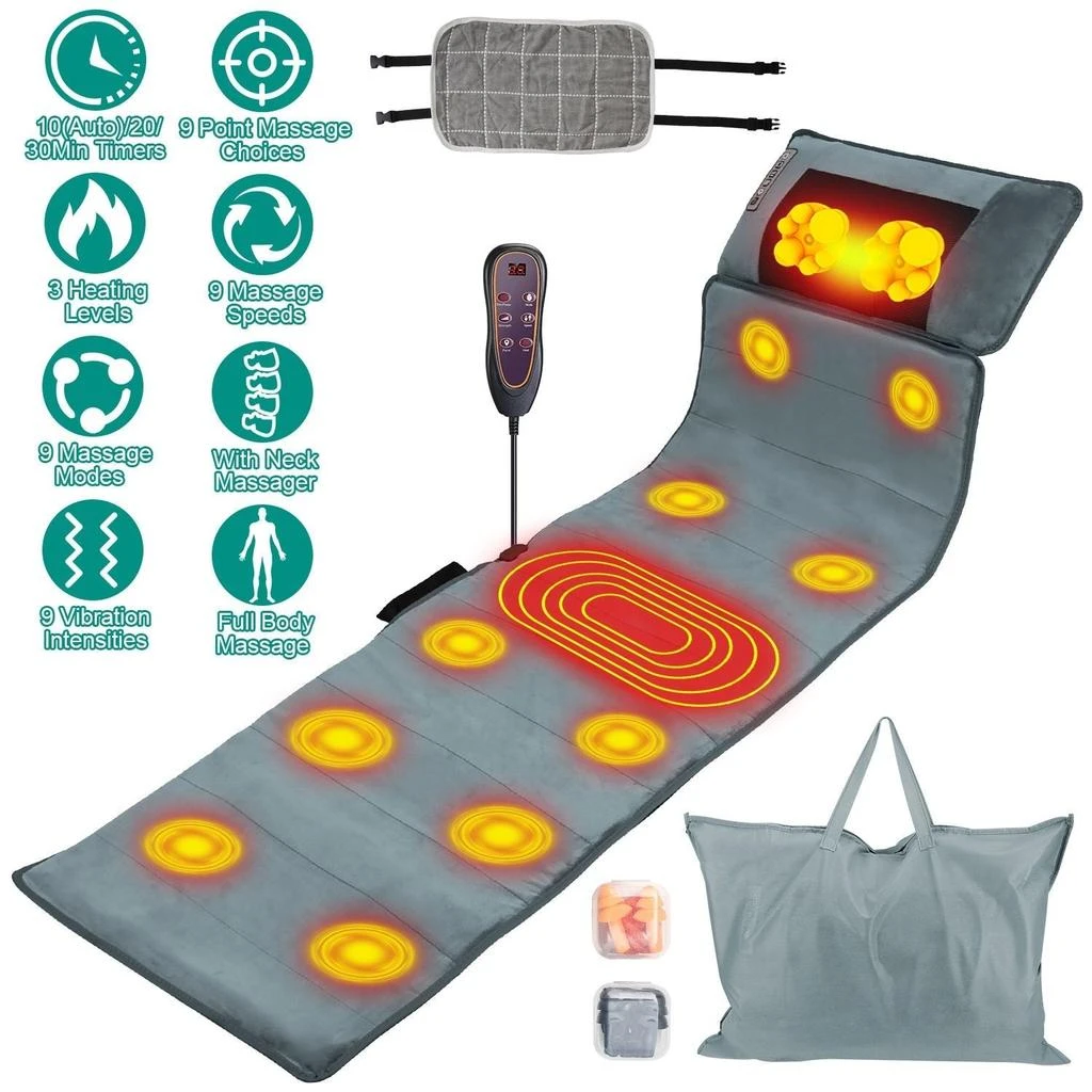 PROXXI Full Body Electric Massage Mat with Heat Vibration Massage Pad Cushion Back Massage Mattress Chair Pad with Neck Massage Pillow with 10 Vibration Motors Timer Anti-Slip Bottom Earplugs 1