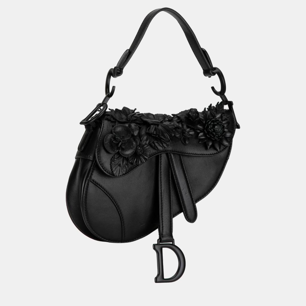 Dior Dior Black Mini Lambskin Floral Applique Saddle