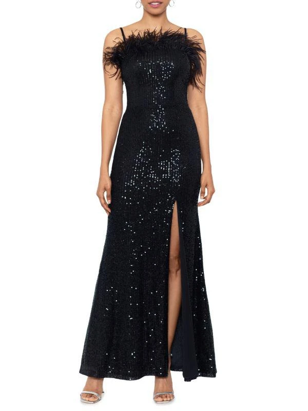 XSCAPE Sequin & Ostrich Feather Gown 1