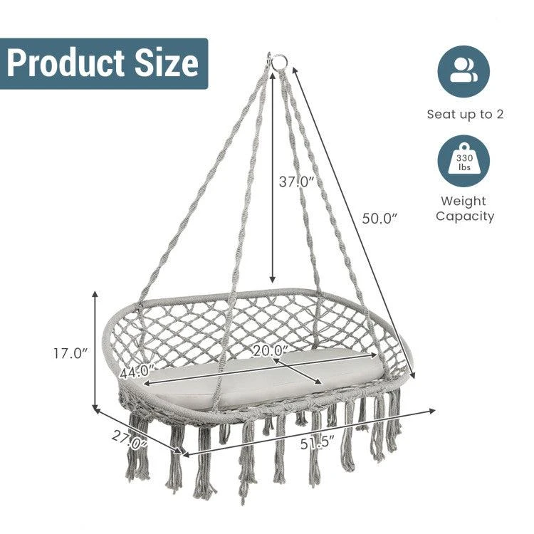 Hivvago 2 Person Hanging Hammock Chair with Cushion Macrame Swing-Gray 4