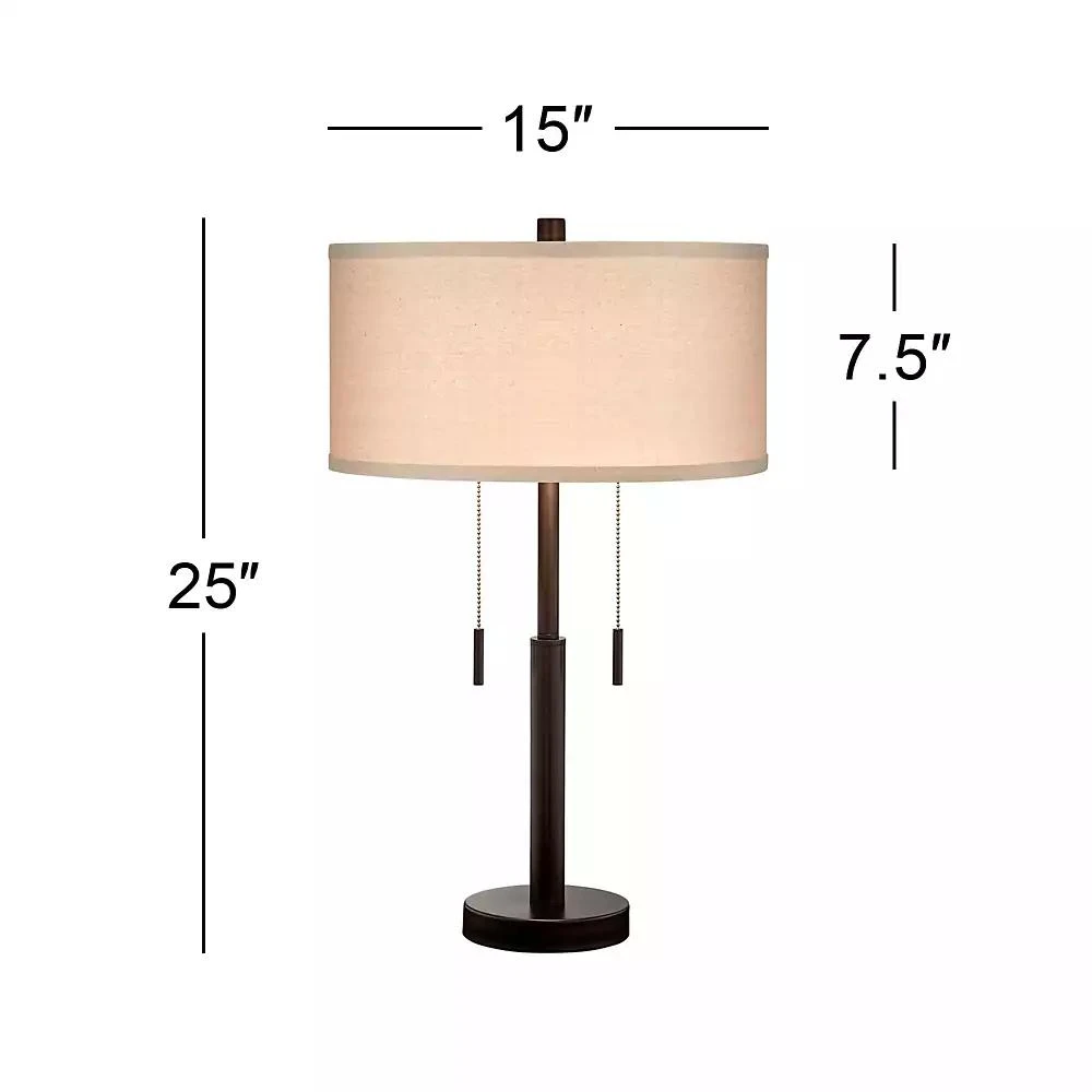 Franklin Iron Works Bernie Industrial Table Lamps 25" High Set of 2 Rich Bronze with USB Charging Port Tan Drum Shade for Bedroom Living Room Bedside 3