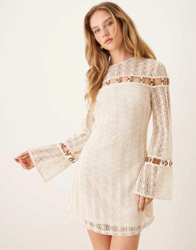 ASOS Design crochet long sleeve mini dress with ring detail in cream-White