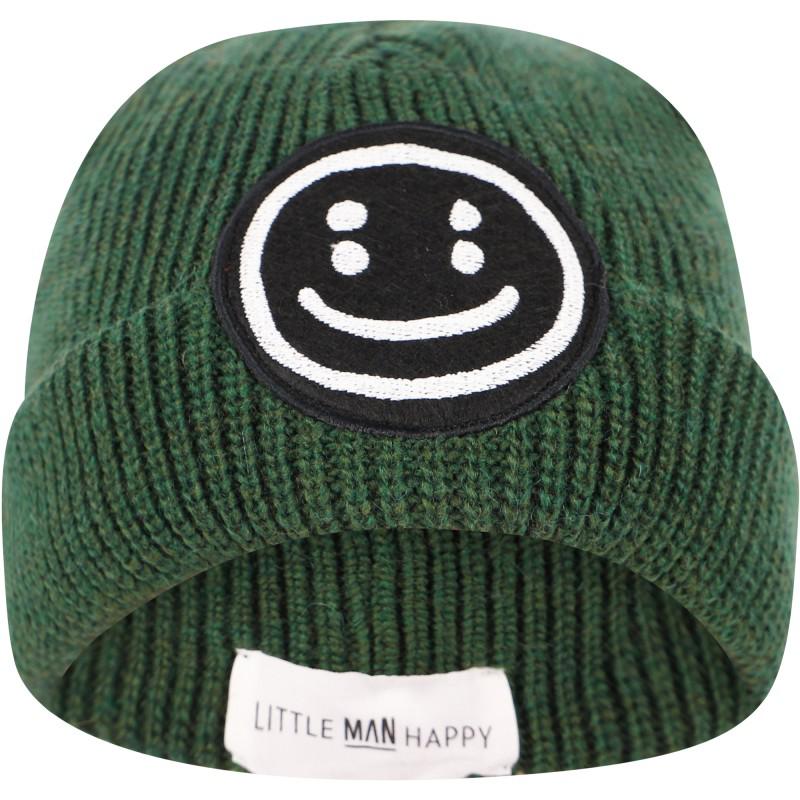 Little Man Happy Appliqued smile ribbed winter beanie in forest green