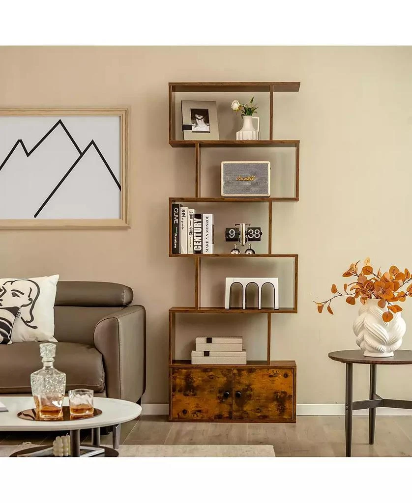 GOUUN 6-Tier S-Shaped Freestanding Bookshelf with Cabinet and Doors 3