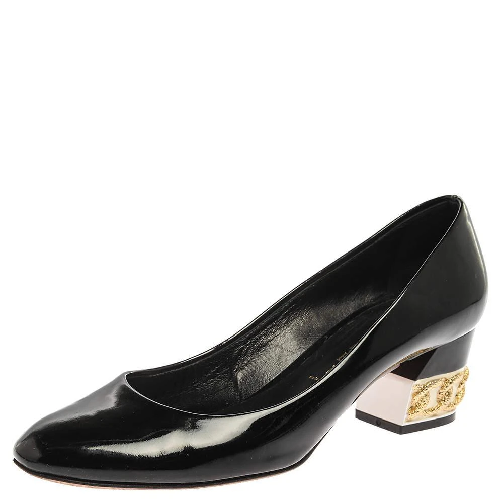 CASADEI Casadei Black Patent Leather Chain Embellished Block Heel Pumps Size 37 1