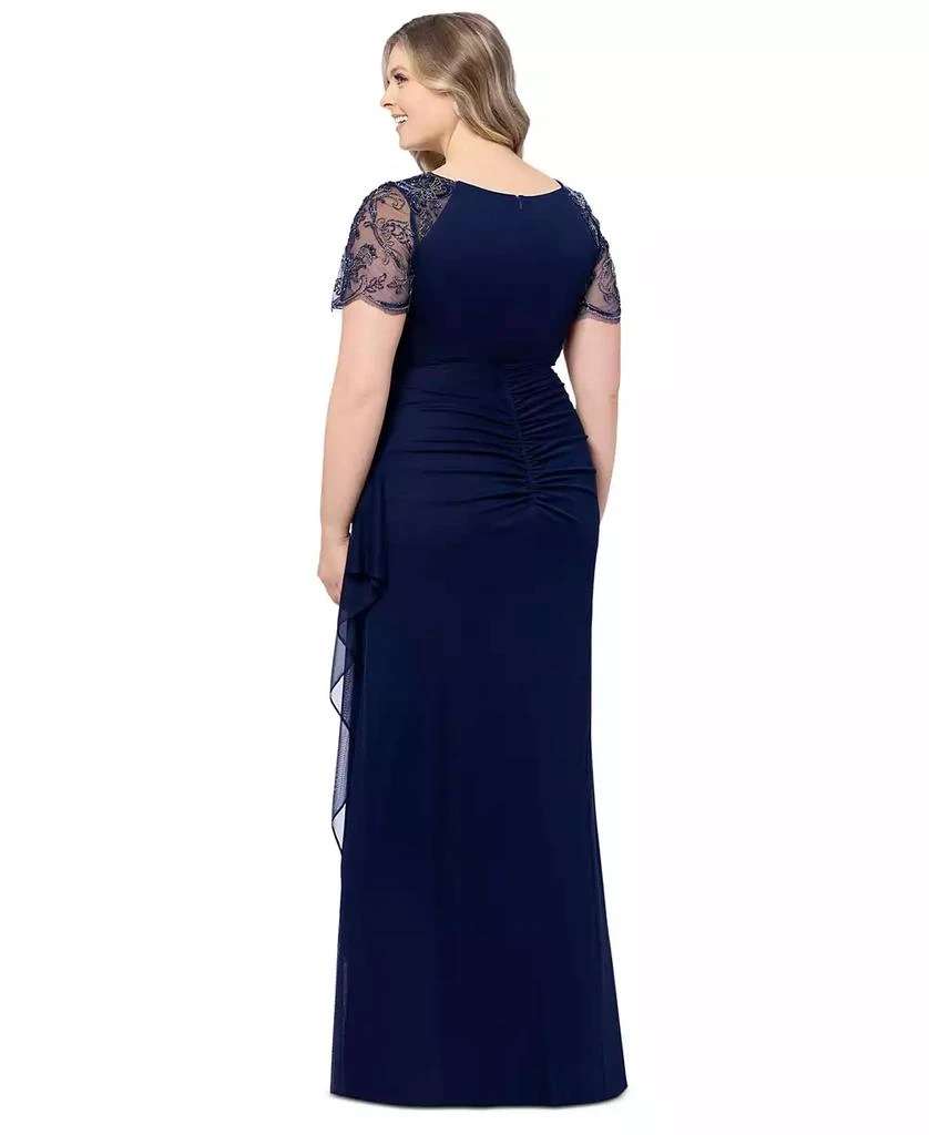 XSCAPE Plus Size Beaded Illusion-Sleeve V-Neck Gown 2