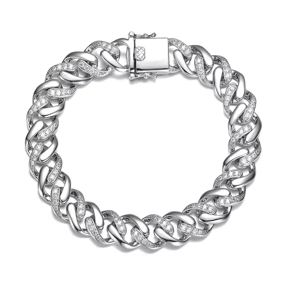 Genevive Bold Men
s Curb Chain Bracelet with Iced Out Cubic Zirconia in Sterling Silver