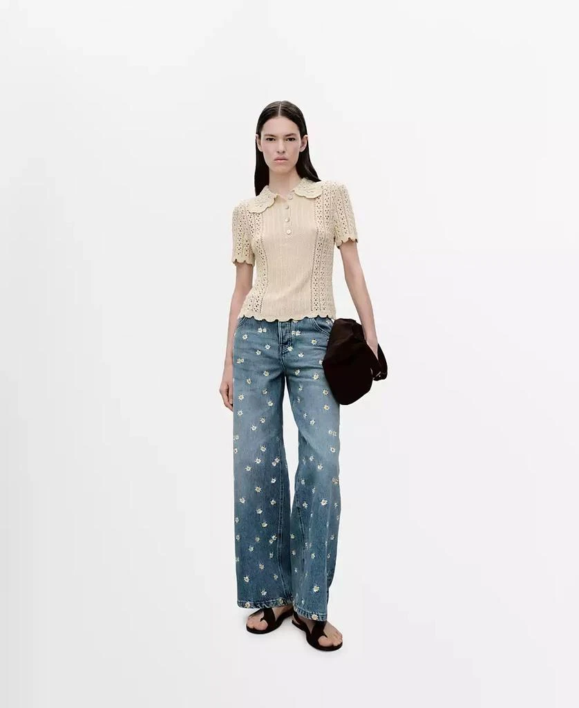 Mango Women's Flower-Embroidered Wide Leg Jeans 1