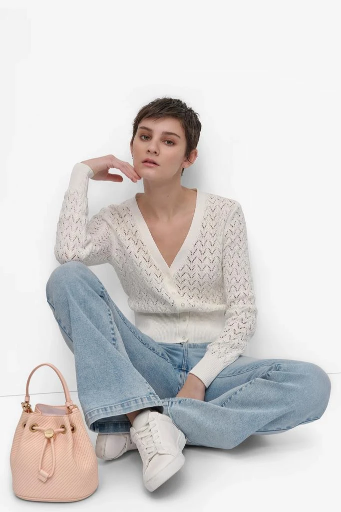 DKNY LONG SLEEVE POINTELLE STITCH V NECK CARDIGAN 6
