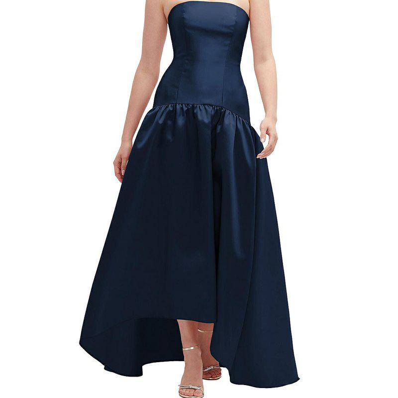 Alfred Sung Strapless Fitted Satin High Low Dress With Shirred Ballgown Skirt D851