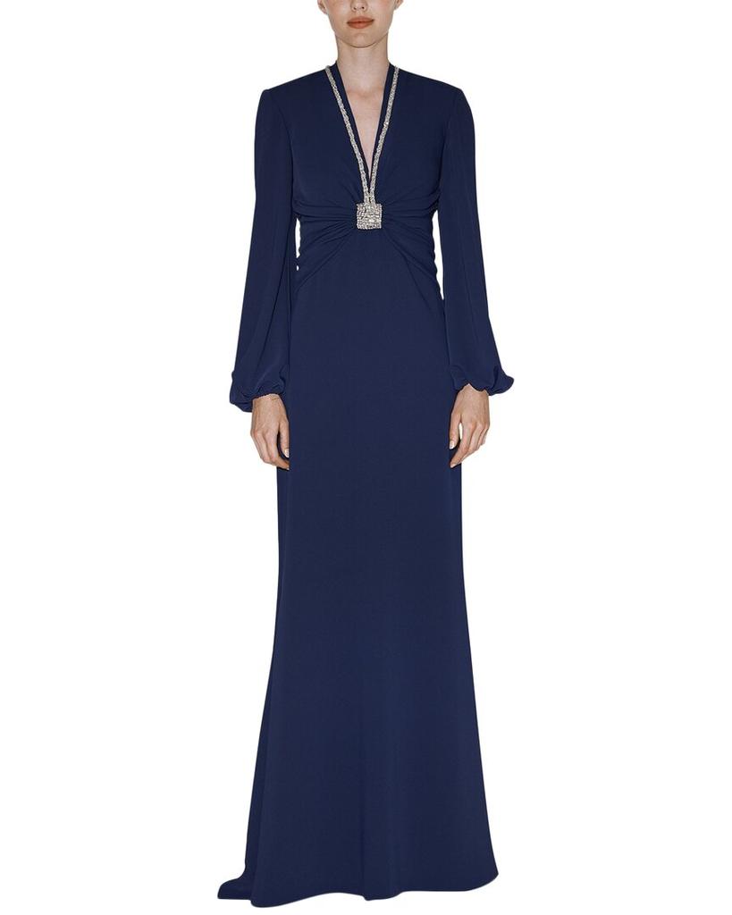 REEM ACRA Blouson Sleeve V-Neck Gown