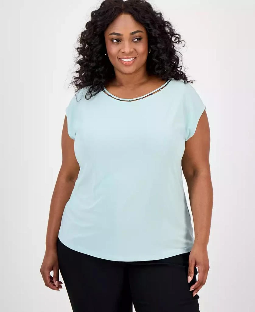 Kasper Plus Size Beaded-Neckline Short-Sleeve Top 1