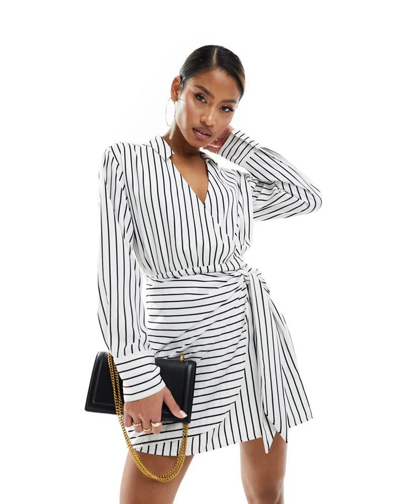 Abercrombie & Fitch Abercrombie & Fitch long sleeve draped striped shirt dress in white 1