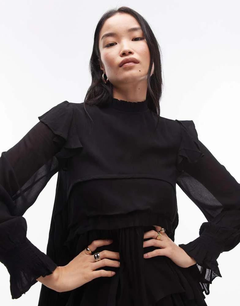ALL SAINTS AllSaints Cavarly long sleeve tiered ruffle maxi dress in black 3