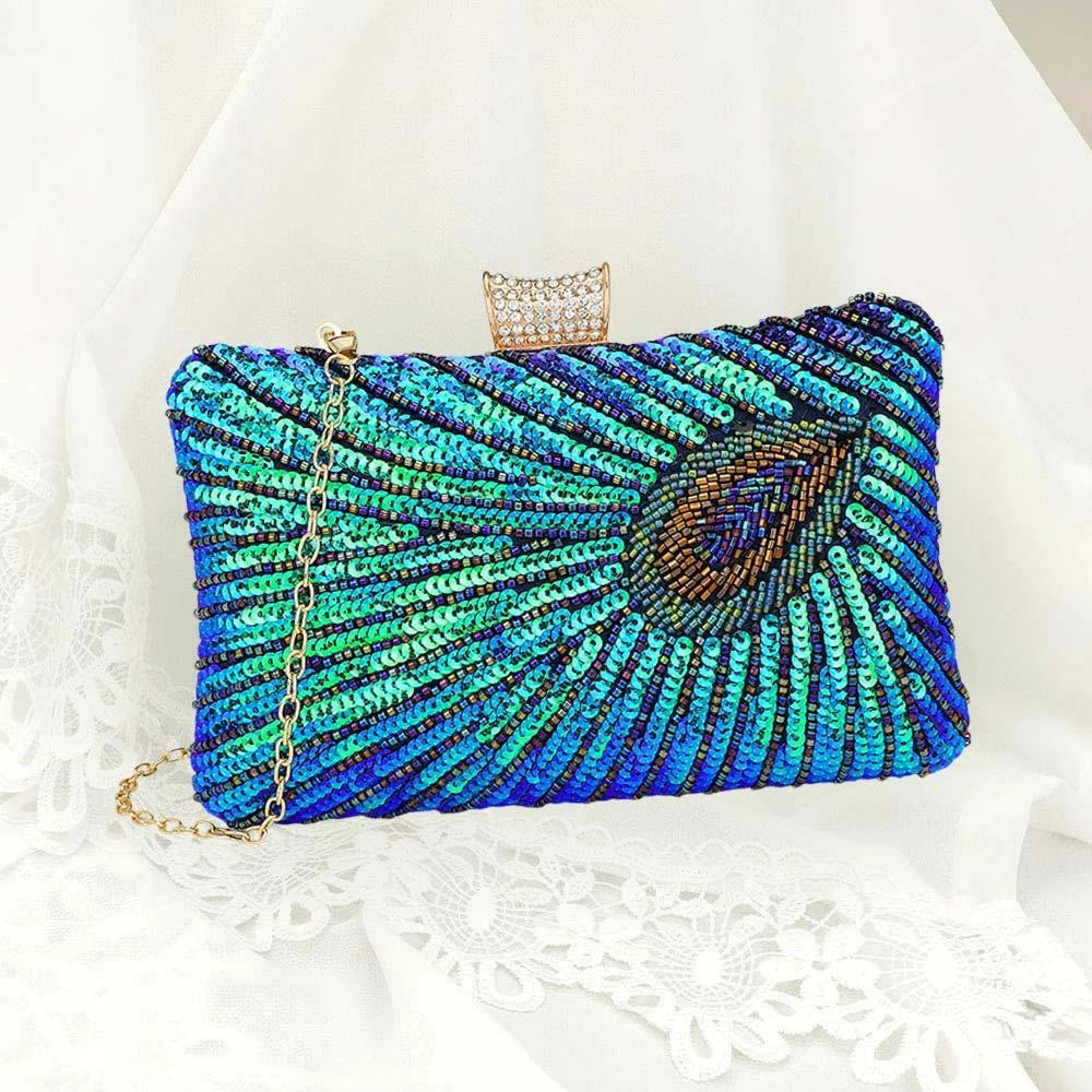 FASHNZFAB Beaded Sequin Peacock Clutch Evening Bag Crossbody Bag