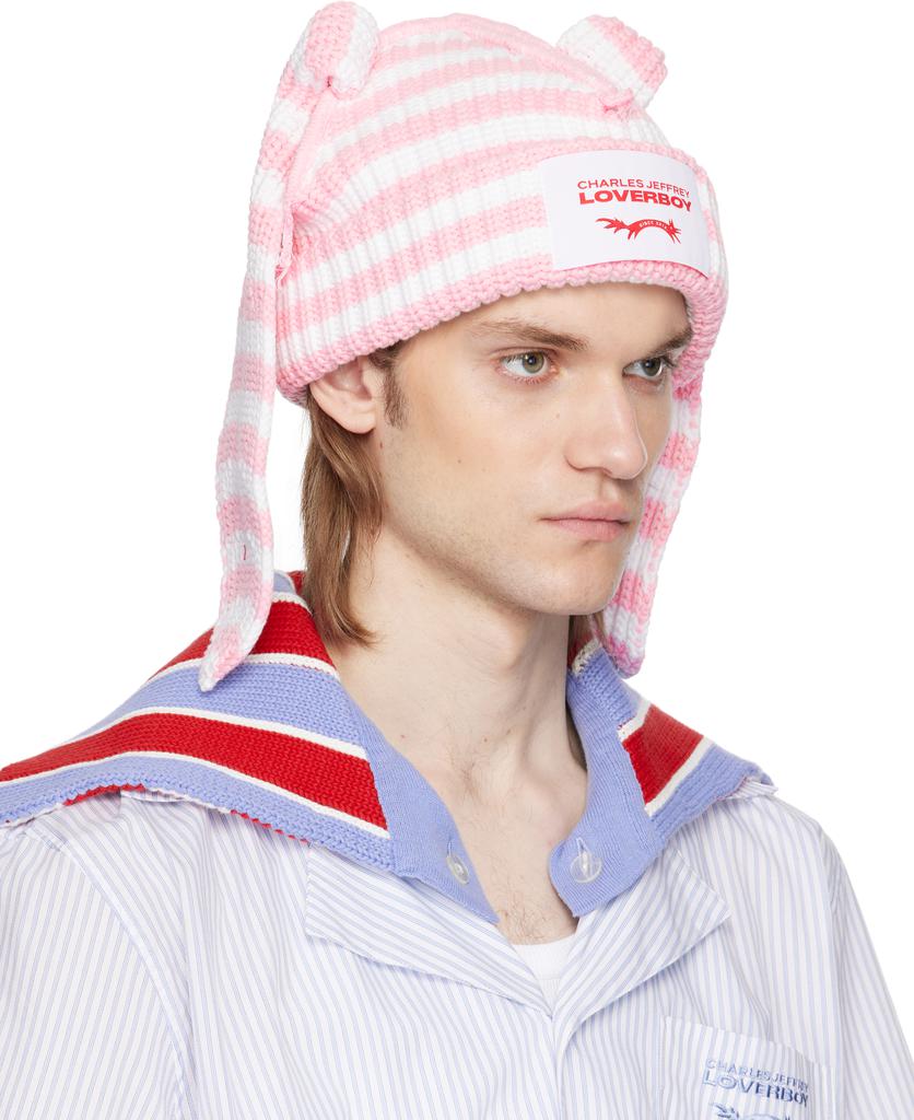 Charles Jeffrey Loverboy SSENSE Exclusive Pink & White Chunky Rabbit Beanie