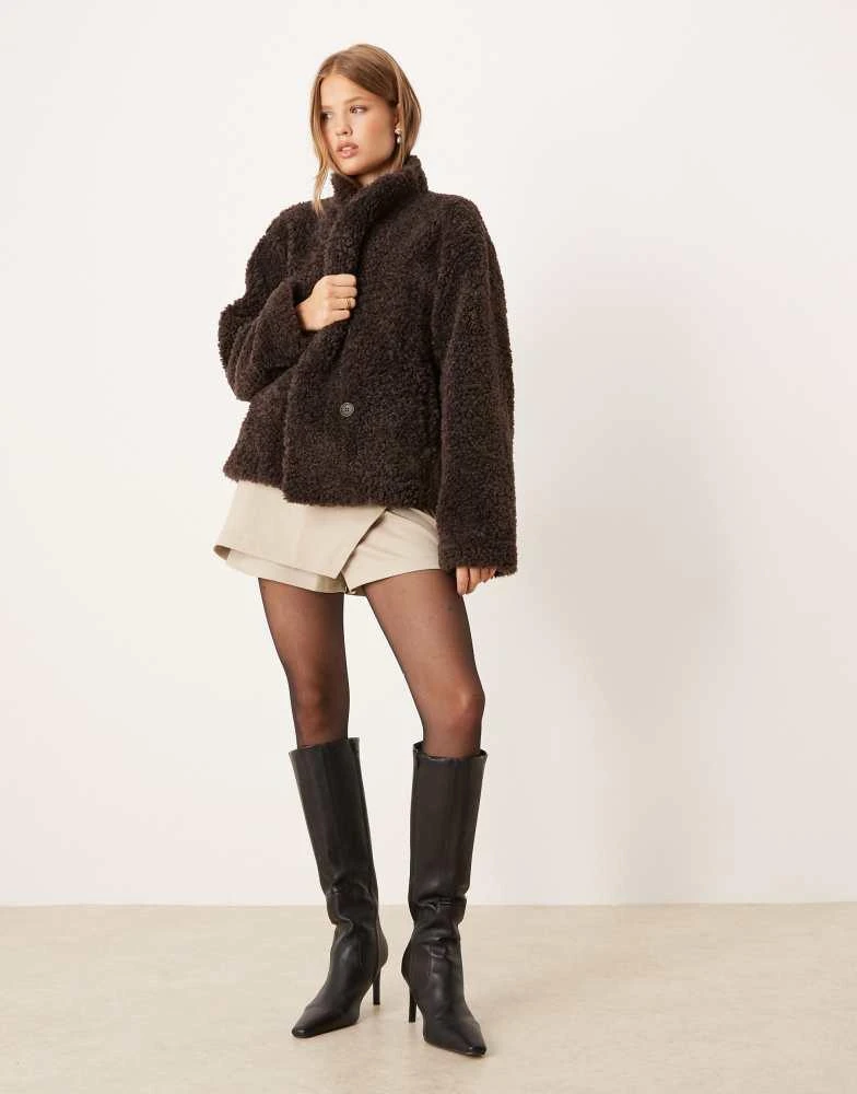 GINA TRICOT Gina Tricot short borg pile jacket in dark mole brown 3