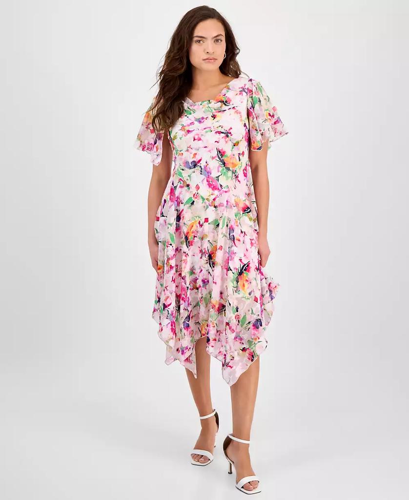 Robbie Bee Women's Floral Clip-Dot Cowlneck Asymmetric Dress