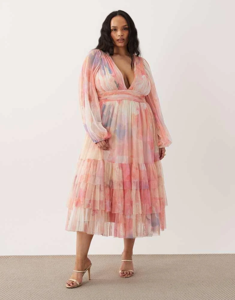 Lace & Beads Plus Lace & Beads Plus tulle balloon sleeve ruffle tiered midaxi  dress in pink blurred floral - Dresses & Skirts - Free Shipping -  BeyondStyle