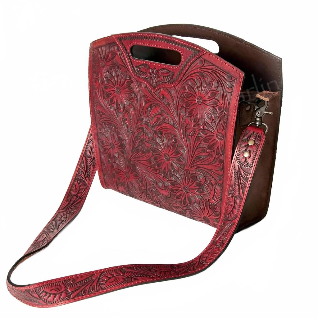 American Darling Women's Hand Tooled Leather Briefcase Crossbody Bag In Red