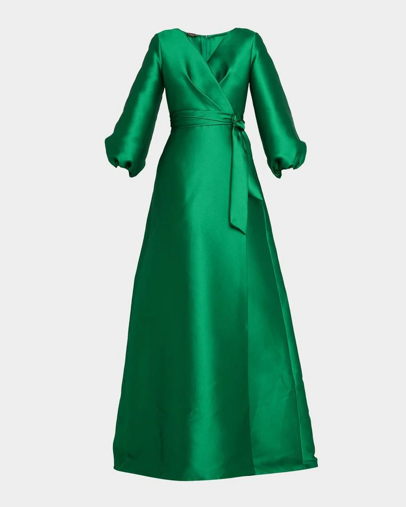 REEM ACRA Bishop-Sleeve Mikado Pique Wrap Gown 1