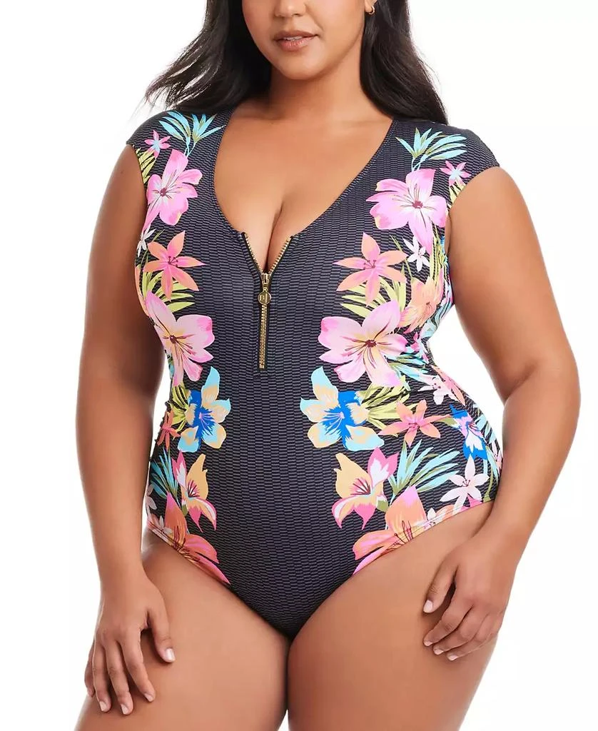 Bleu Rod Beattie Plus Size Border-Print Sweet Escape Cap-Sleeve Zip-Front Swimsuit 1