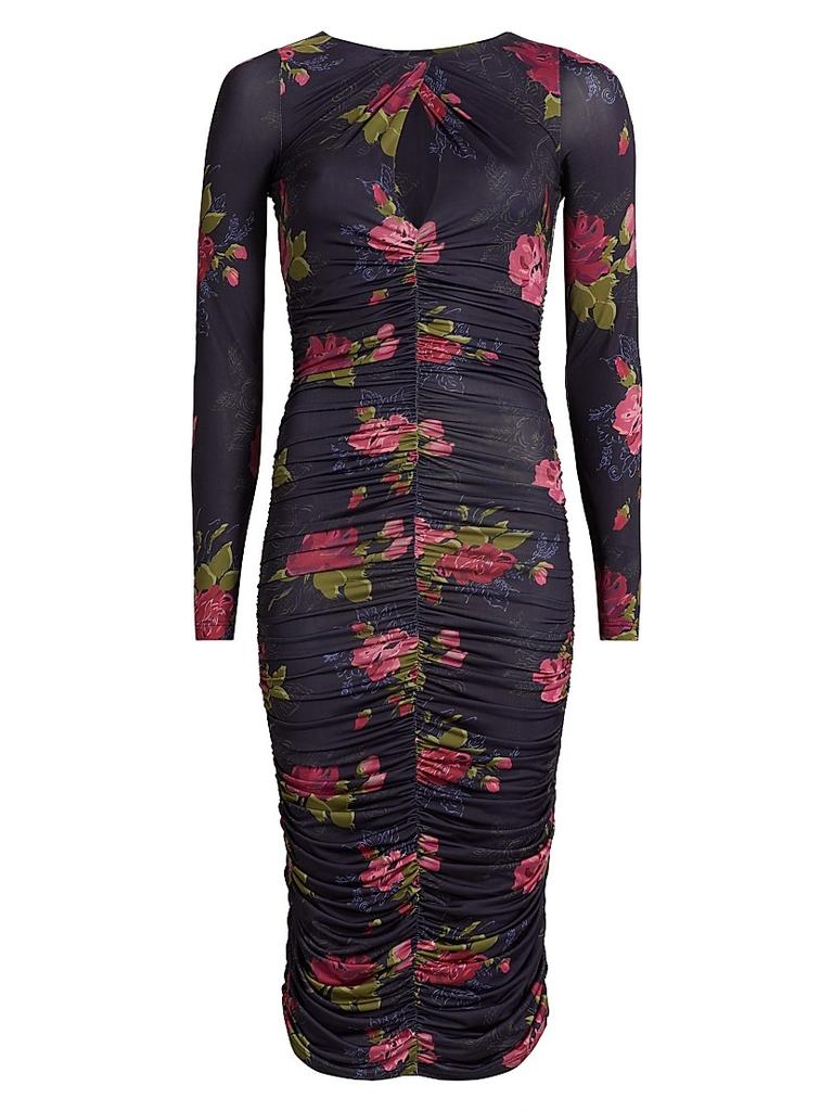 PRABAL GURUNG Floral Twist Neck Ruched Midi-Dress
